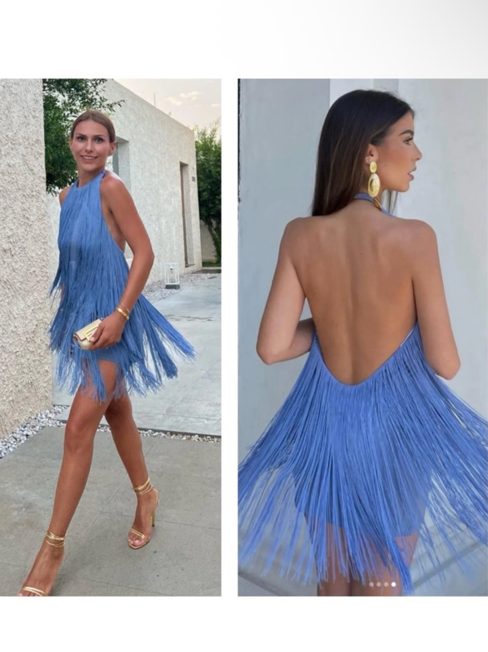 Zara Blue Fringe Halter Backless Mini Party Dress Flapper 20’s L